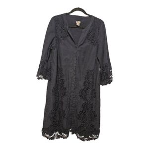 CHICO'S EMBROIDED LACE DETAILS SHORT BUTTON DOWN DRESS  NAVY Sz 1 US 8-10
